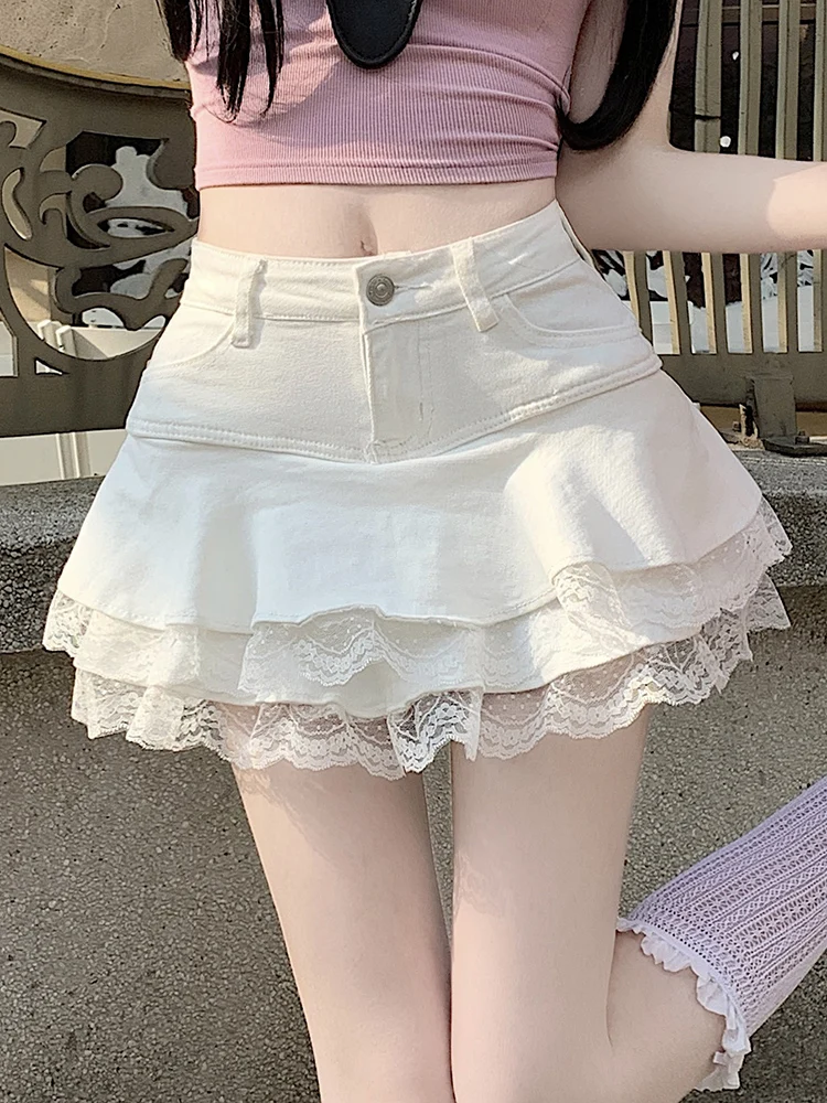 Women Fashion Streetwear Ruffles Kawaii Lace Skirts Shorts Preppy School Pleated Jeans Skirt 2025 Summer Mini Y2K Denim Skirt