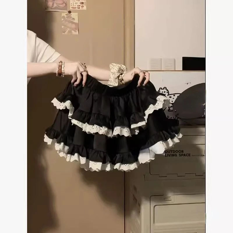 Ballet Style Lace Cake Puffy Black Skirt for Women 2025 New High Waist Loose Casual Lolita Sweet Girl A-line Mini Skirt Chic