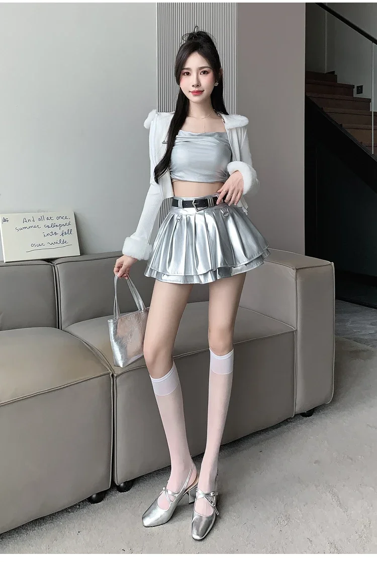 New Pleated Leather Skirts Women Korean High-waisted Solid A-line High Street Fashion Basics Short Skirt Female