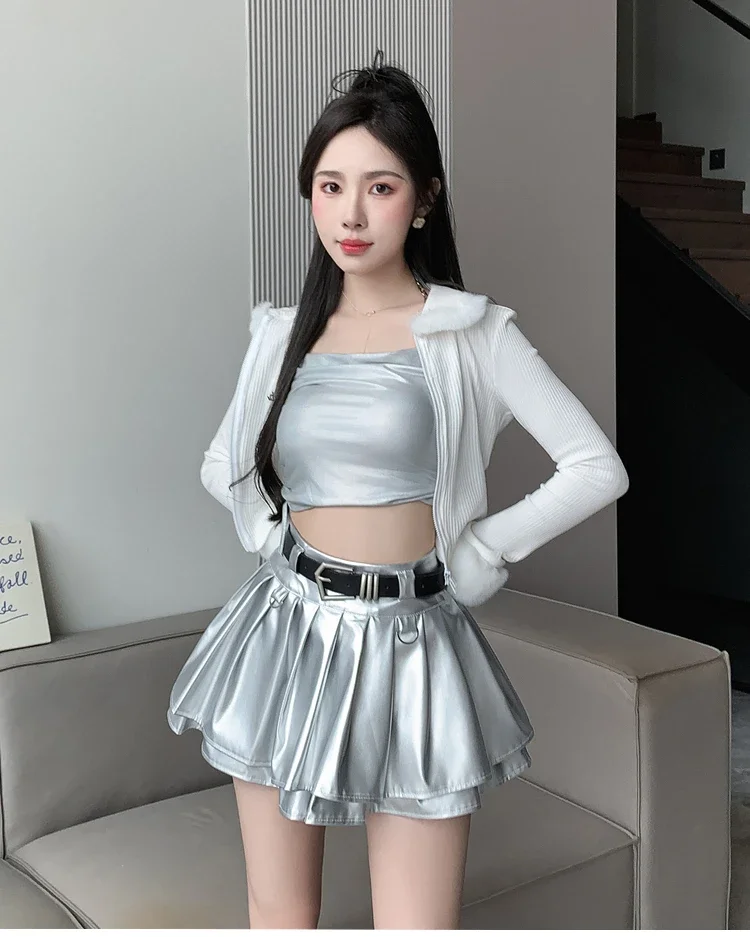 New Pleated Leather Skirts Women Korean High-waisted Solid A-line High Street Fashion Basics Short Skirt Female