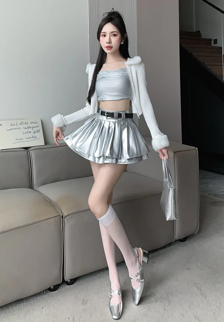 New Pleated Leather Skirts Women Korean High-waisted Solid A-line High Street Fashion Basics Short Skirt Female