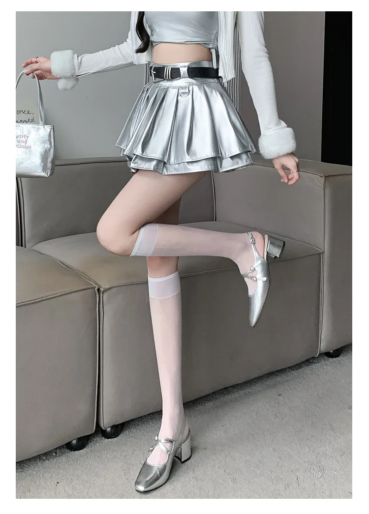 New Pleated Leather Skirts Women Korean High-waisted Solid A-line High Street Fashion Basics Short Skirt Female