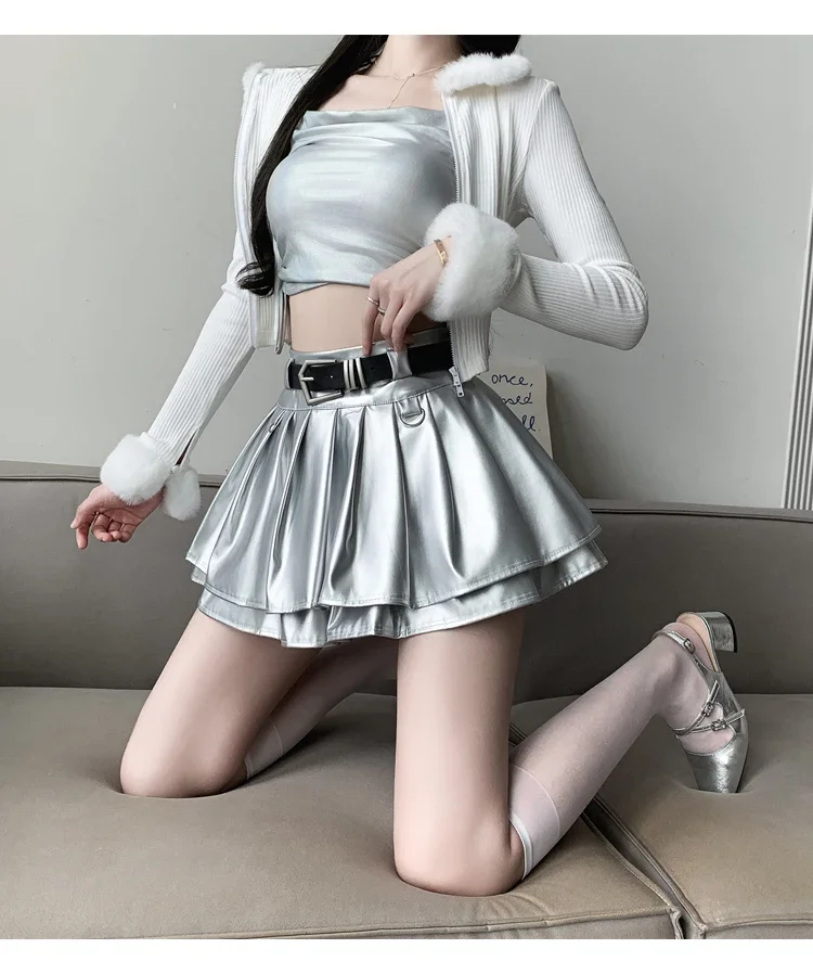 New Pleated Leather Skirts Women Korean High-waisted Solid A-line High Street Fashion Basics Short Skirt Female