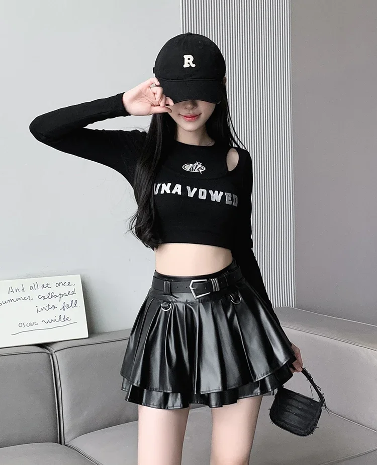 New Pleated Leather Skirts Women Korean High-waisted Solid A-line High Street Fashion Basics Short Skirt Female