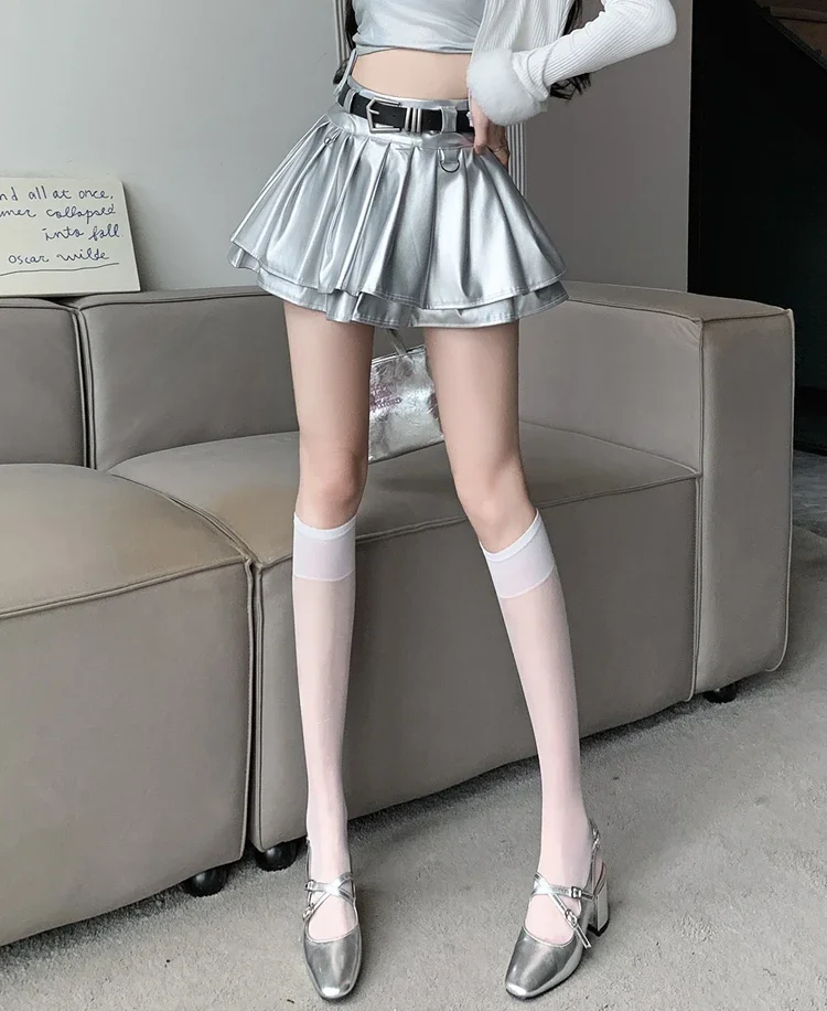 New Pleated Leather Skirts Women Korean High-waisted Solid A-line High Street Fashion Basics Short Skirt Female
