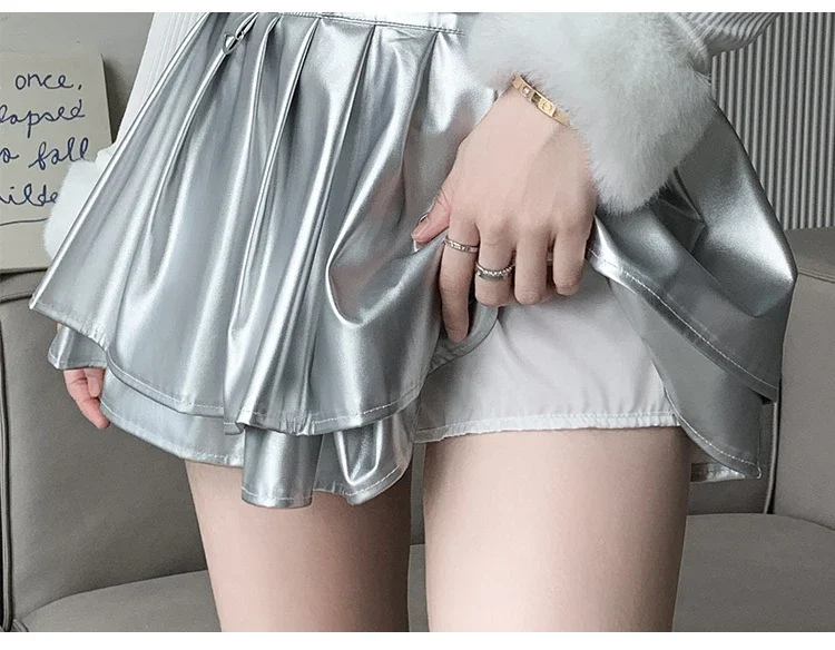 New Pleated Leather Skirts Women Korean High-waisted Solid A-line High Street Fashion Basics Short Skirt Female