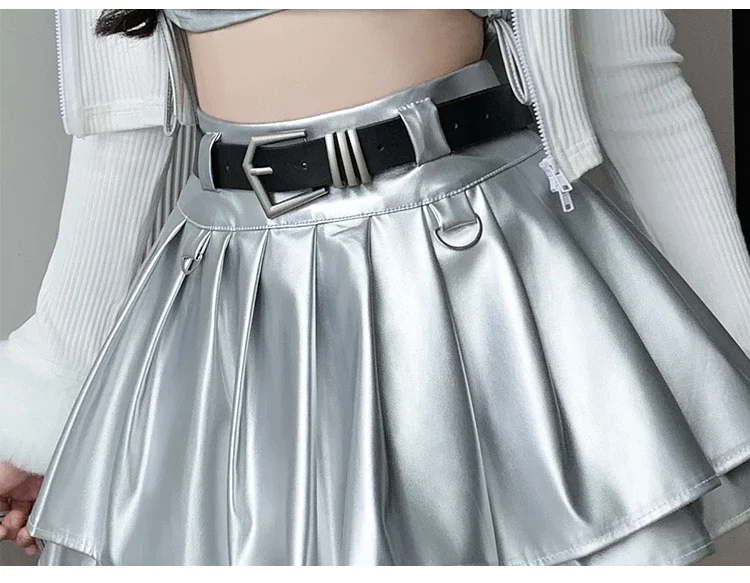 New Pleated Leather Skirts Women Korean High-waisted Solid A-line High Street Fashion Basics Short Skirt Female