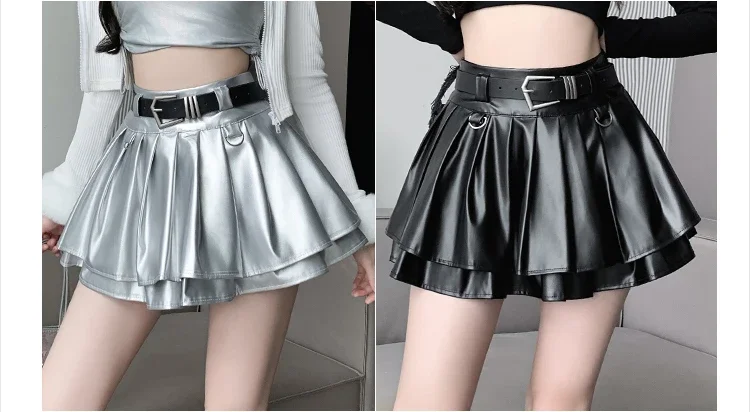 New Pleated Leather Skirts Women Korean High-waisted Solid A-line High Street Fashion Basics Short Skirt Female