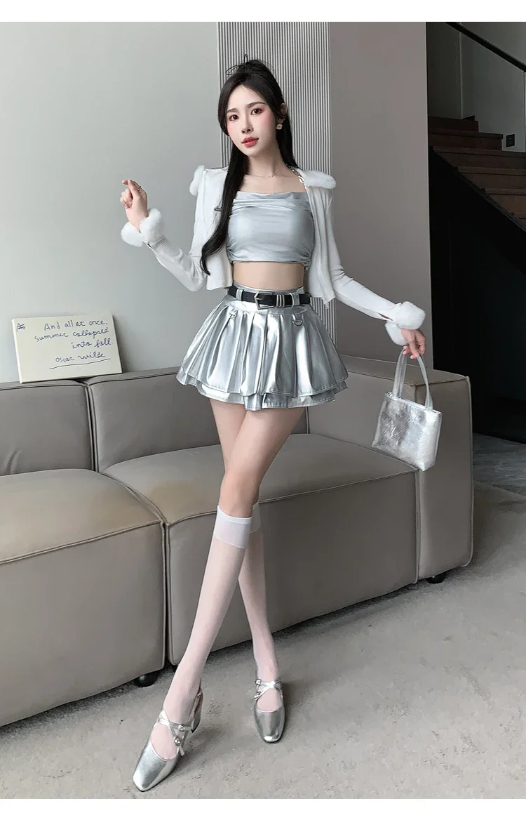 New Pleated Leather Skirts Women Korean High-waisted Solid A-line High Street Fashion Basics Short Skirt Female