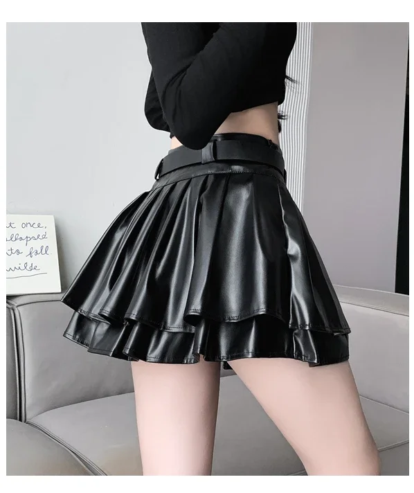 New Pleated Leather Skirts Women Korean High-waisted Solid A-line High Street Fashion Basics Short Skirt Female