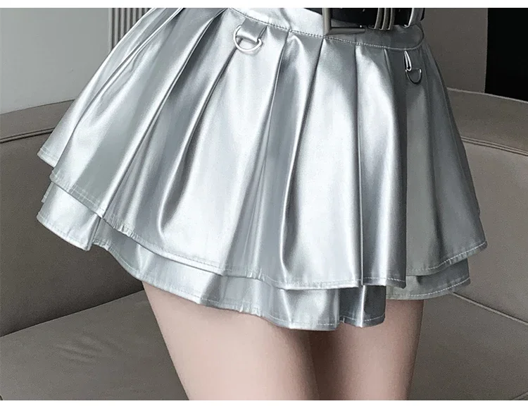 New Pleated Leather Skirts Women Korean High-waisted Solid A-line High Street Fashion Basics Short Skirt Female