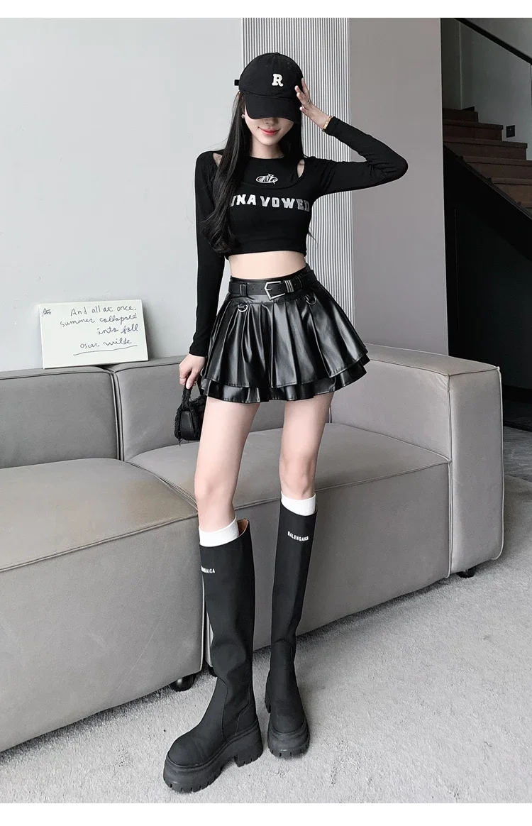 New Pleated Leather Skirts Women Korean High-waisted Solid A-line High Street Fashion Basics Short Skirt Female