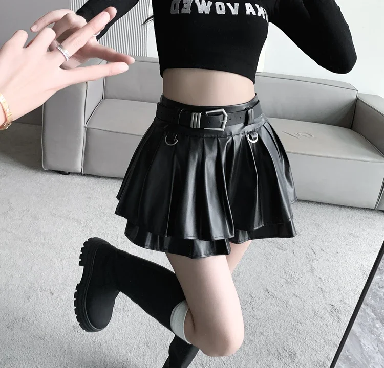New Pleated Leather Skirts Women Korean High-waisted Solid A-line High Street Fashion Basics Short Skirt Female