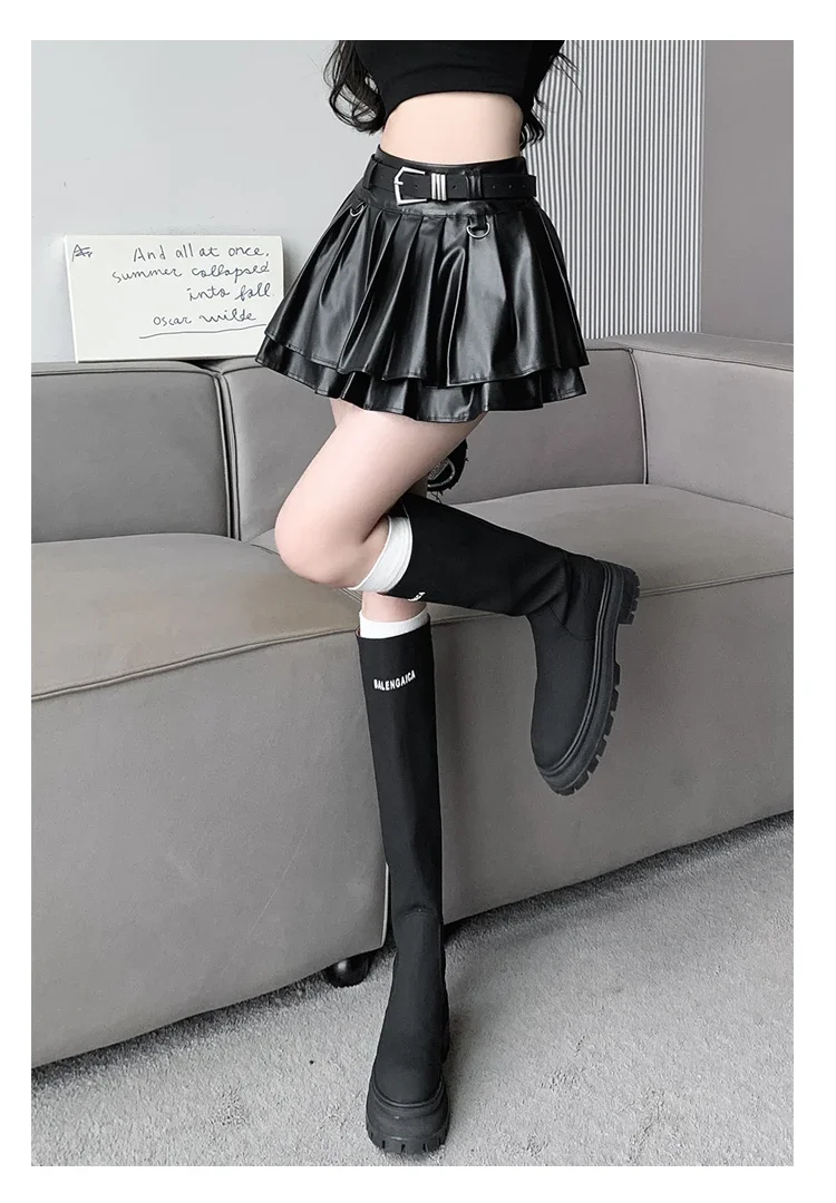 New Pleated Leather Skirts Women Korean High-waisted Solid A-line High Street Fashion Basics Short Skirt Female