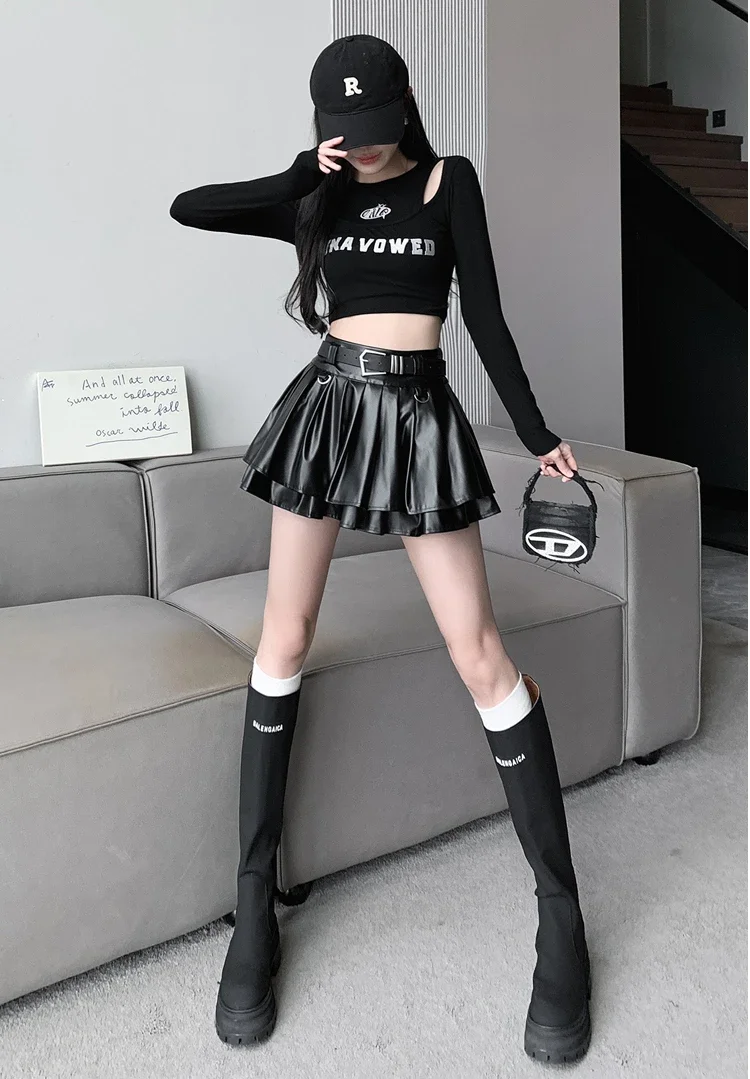 New Pleated Leather Skirts Women Korean High-waisted Solid A-line High Street Fashion Basics Short Skirt Female