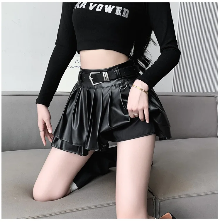 New Pleated Leather Skirts Women Korean High-waisted Solid A-line High Street Fashion Basics Short Skirt Female