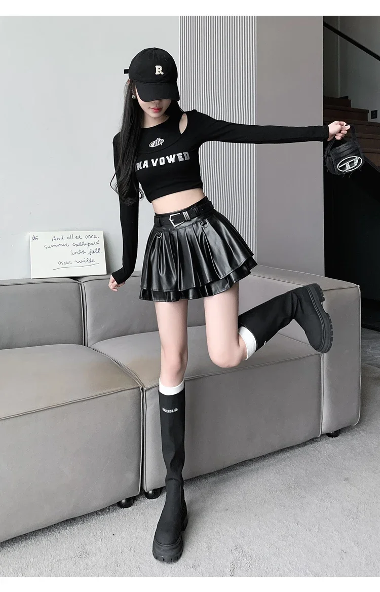 New Pleated Leather Skirts Women Korean High-waisted Solid A-line High Street Fashion Basics Short Skirt Female