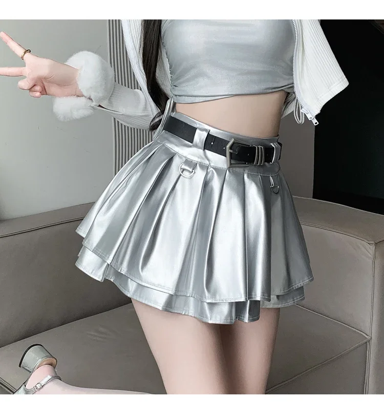 New Pleated Leather Skirts Women Korean High-waisted Solid A-line High Street Fashion Basics Short Skirt Female