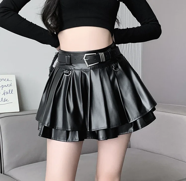 New Pleated Leather Skirts Women Korean High-waisted Solid A-line High Street Fashion Basics Short Skirt Female