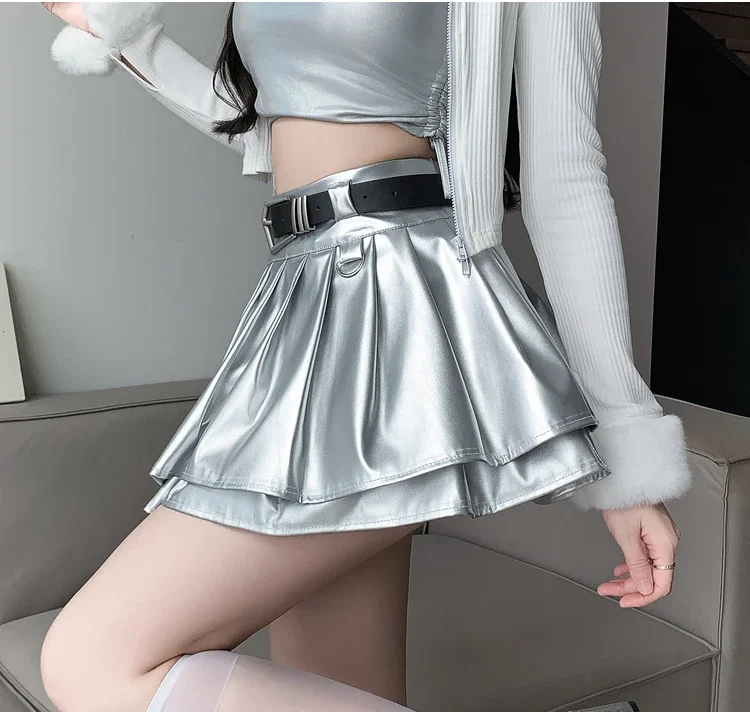 New Pleated Leather Skirts Women Korean High-waisted Solid A-line High Street Fashion Basics Short Skirt Female