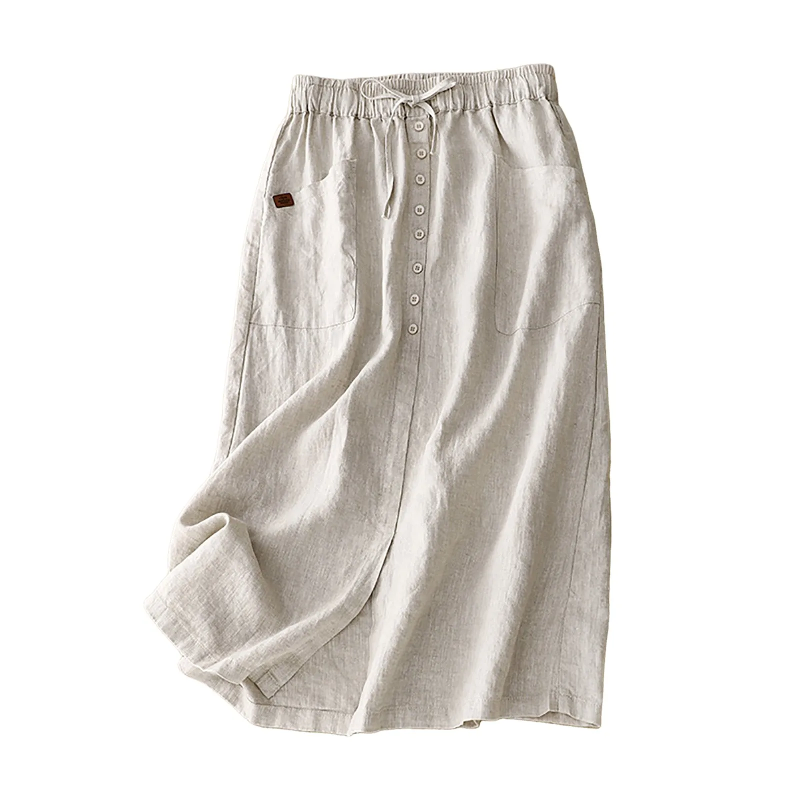 Korean Fashion Women Linen Skirts Button Split Skirt Solid High Waist A Line Skirt Mid Length Casual Skirts For Beach Holiday