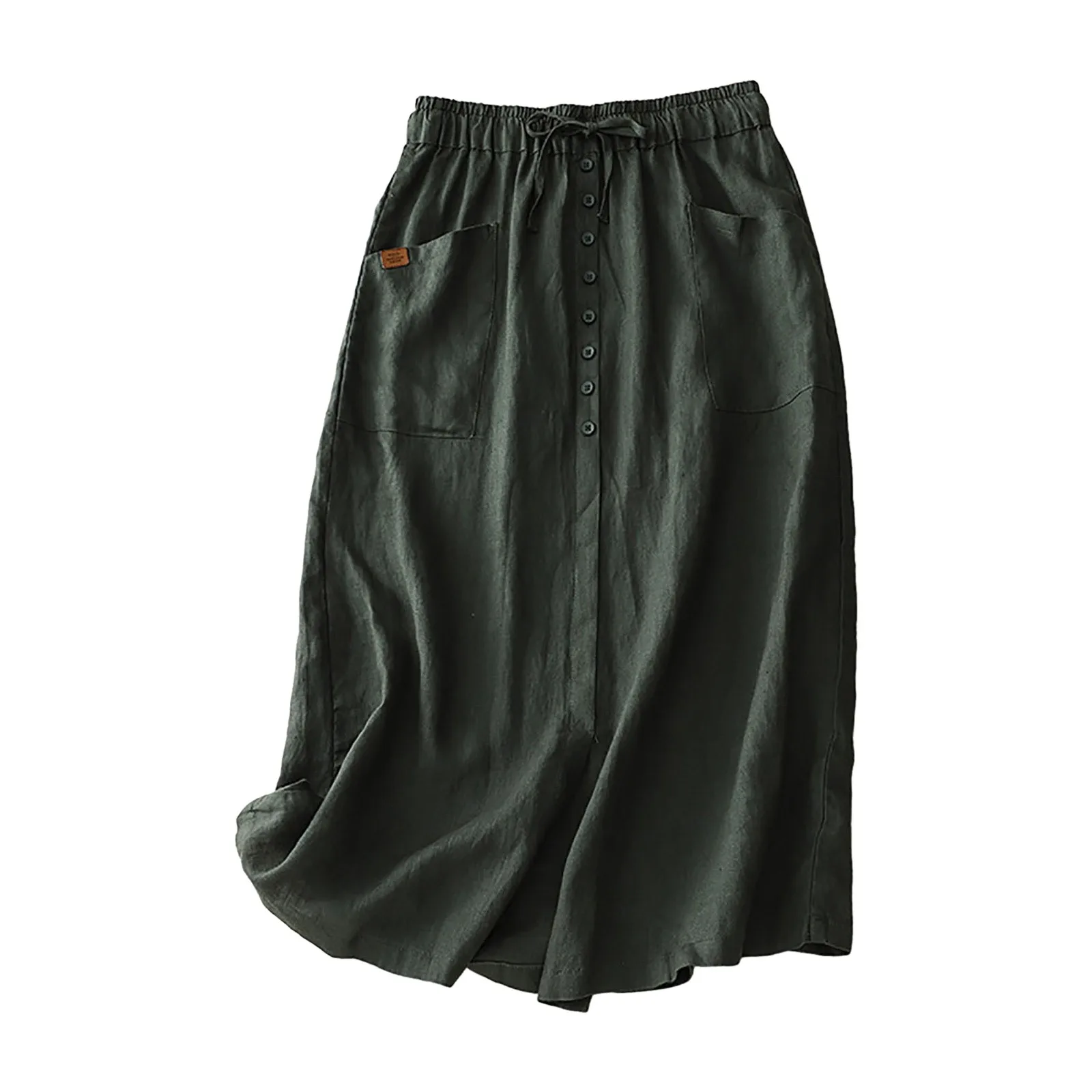 Korean Fashion Women Linen Skirts Button Split Skirt Solid High Waist A Line Skirt Mid Length Casual Skirts For Beach Holiday