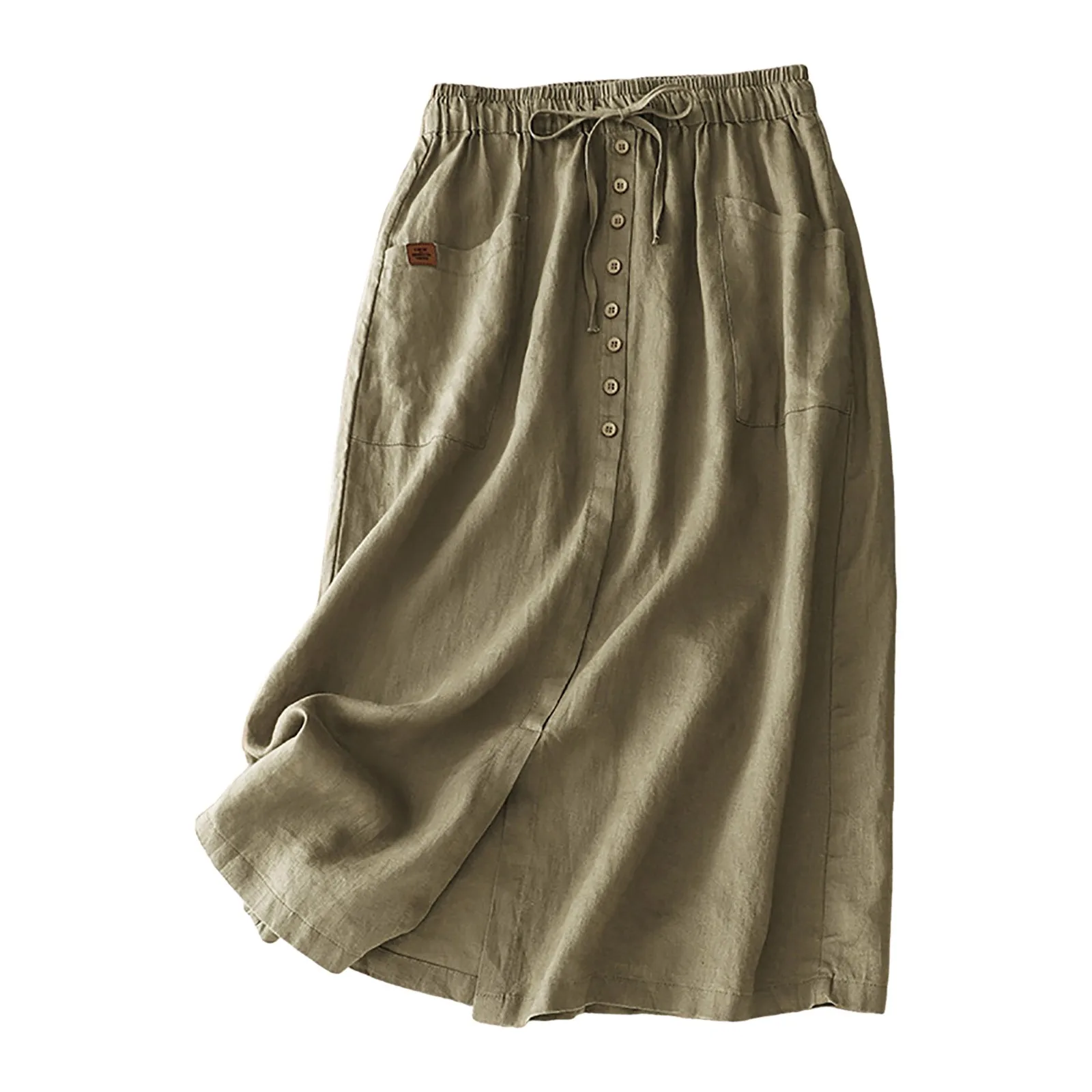 Korean Fashion Women Linen Skirts Button Split Skirt Solid High Waist A Line Skirt Mid Length Casual Skirts For Beach Holiday