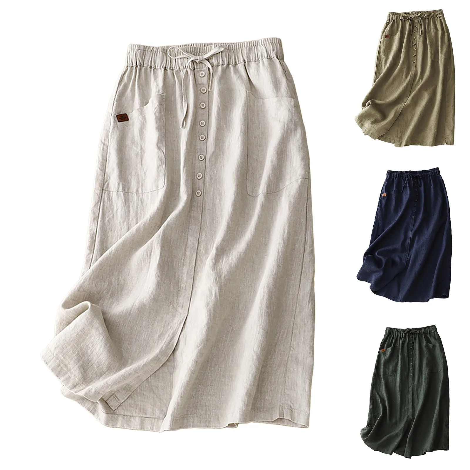 Korean Fashion Women Linen Skirts Button Split Skirt Solid High Waist A Line Skirt Mid Length Casual Skirts For Beach Holiday