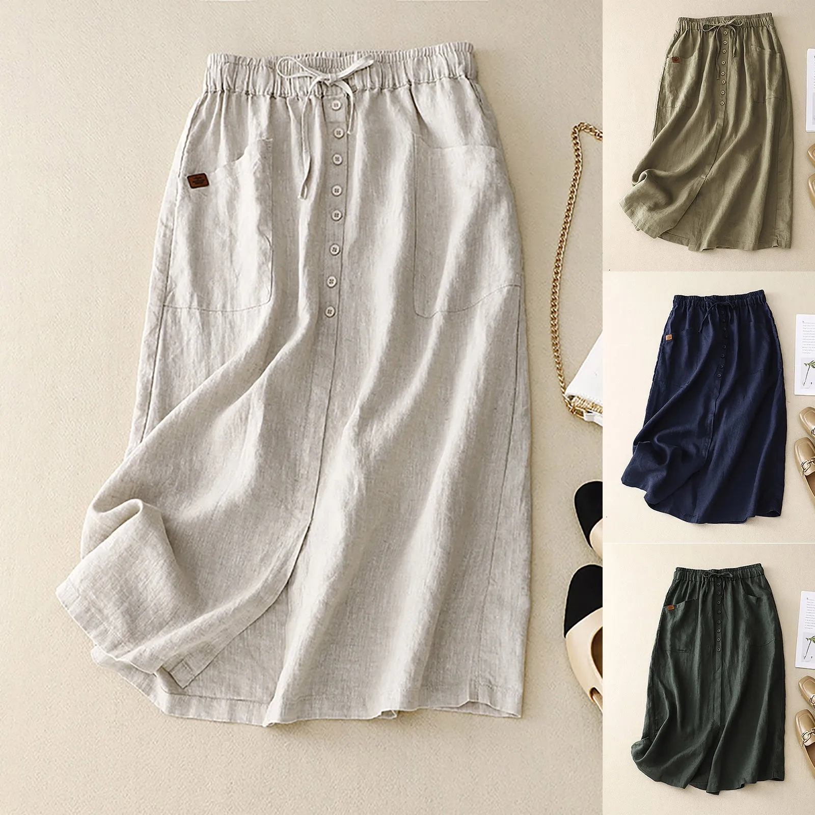 Korean Fashion Women Linen Skirts Button Split Skirt Solid High Waist A Line Skirt Mid Length Casual Skirts For Beach Holiday