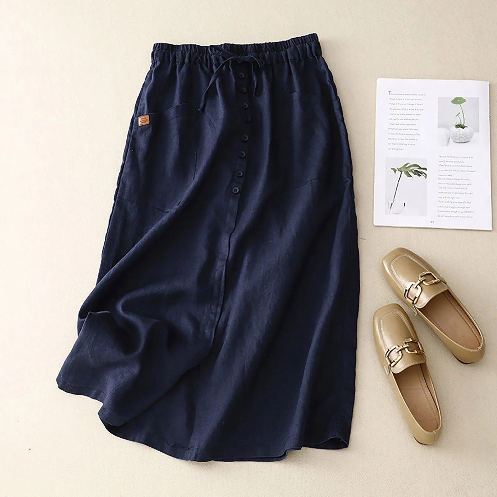 Korean Fashion Women Linen Skirts Button Split Skirt Solid High Waist A Line Skirt Mid Length Casual Skirts For Beach Holiday