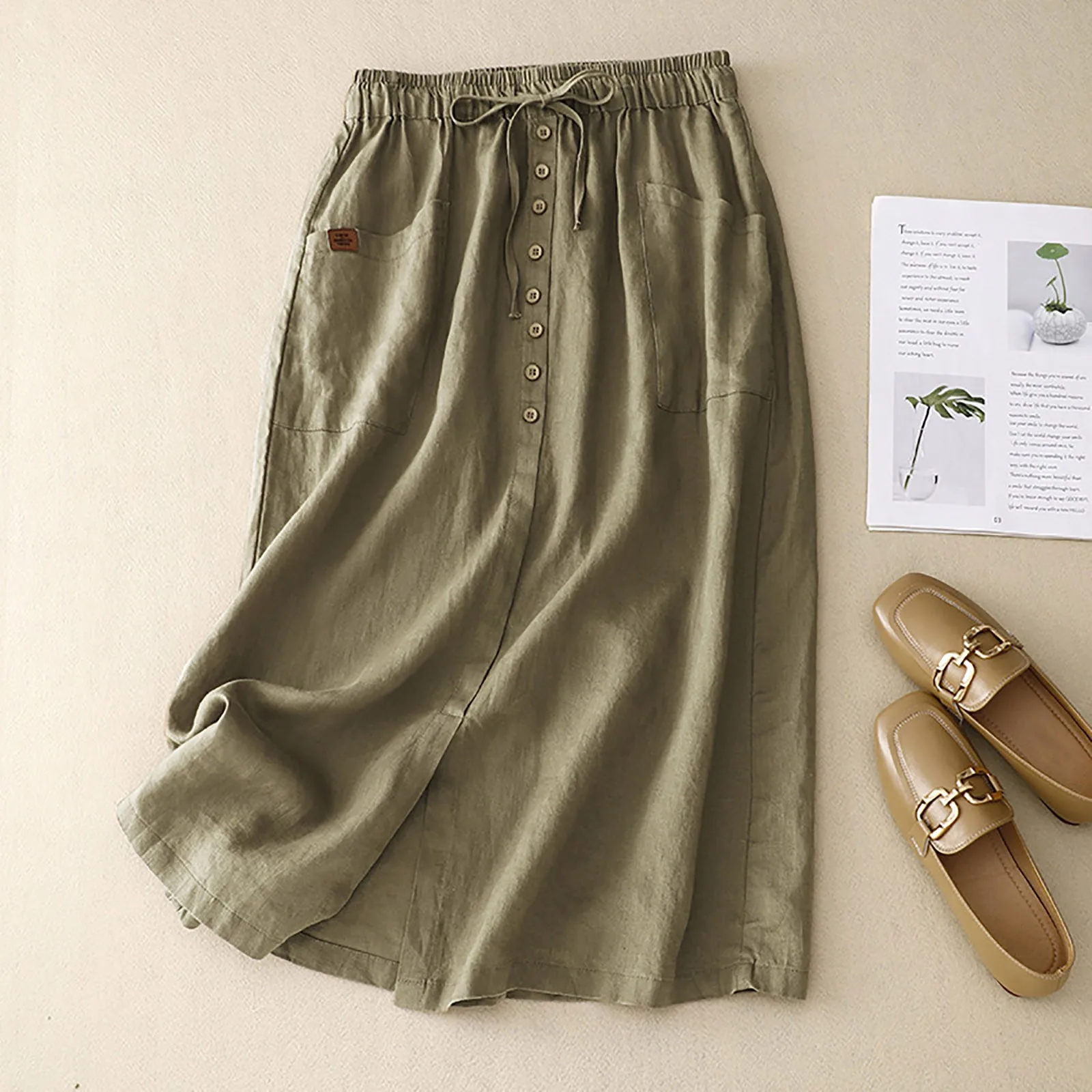 Korean Fashion Women Linen Skirts Button Split Skirt Solid High Waist A Line Skirt Mid Length Casual Skirts For Beach Holiday