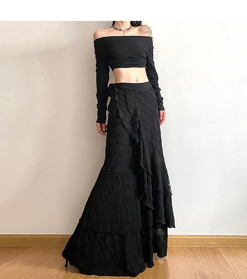 Y2K Black Long Skirt Women Harajuku Gothic Lace Asymmetrical Maxi Skirts Summer Korean Ruffles Patchwork Bandage Design Faldas
