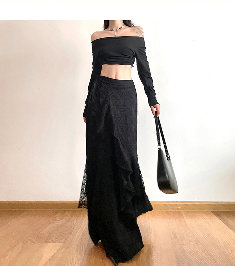 Y2K Black Long Skirt Women Harajuku Gothic Lace Asymmetrical Maxi Skirts Summer Korean Ruffles Patchwork Bandage Design Faldas