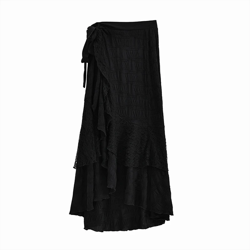 Y2K Black Long Skirt Women Harajuku Gothic Lace Asymmetrical Maxi Skirts Summer Korean Ruffles Patchwork Bandage Design Faldas