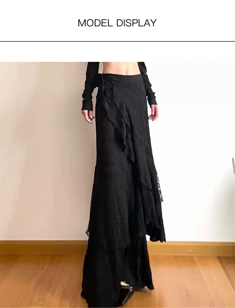 Y2K Black Long Skirt Women Harajuku Gothic Lace Asymmetrical Maxi Skirts Summer Korean Ruffles Patchwork Bandage Design Faldas