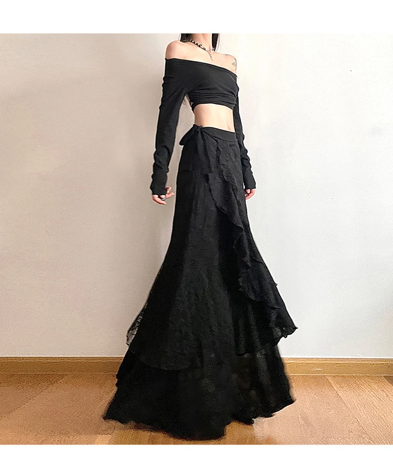 Y2K Black Long Skirt Women Harajuku Gothic Lace Asymmetrical Maxi Skirts Summer Korean Ruffles Patchwork Bandage Design Faldas