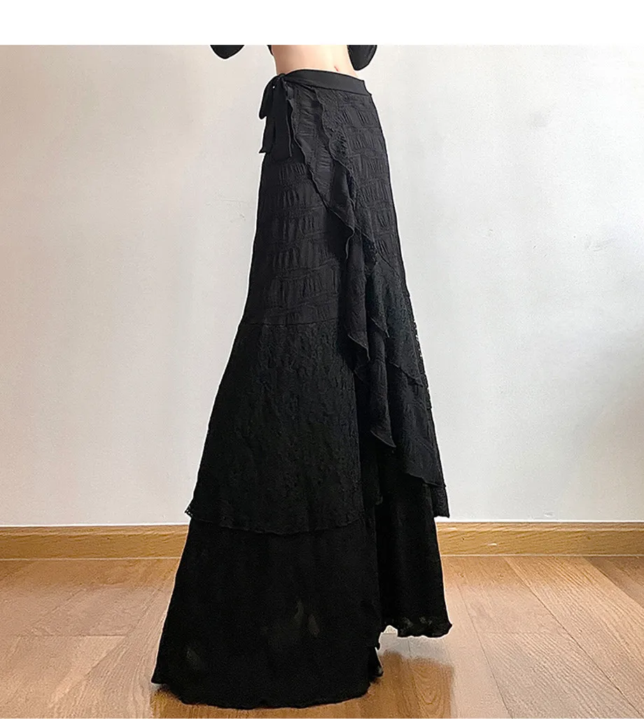 Y2K Black Long Skirt Women Harajuku Gothic Lace Asymmetrical Maxi Skirts Summer Korean Ruffles Patchwork Bandage Design Faldas