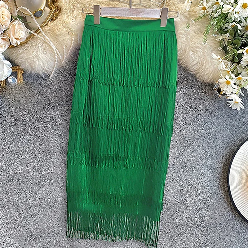 Green Patchwork Tassel Women Skirt High Waisted Bodycon Midi Robes Plus Size Elastic Skirts Africa Ladies Slim Skirts