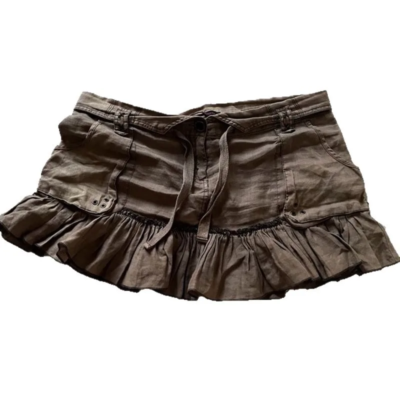 Y2k Euramerican Vintage Turn Down Lace Up Fashion Skirt Harajuku Gothic High Street Ruffle Edge Jupe Spice Girl Punk Skirts