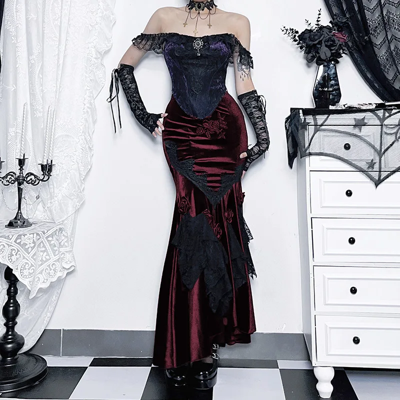 SALIENCY Ghost Girl Black Vintage Gothic Velvet Fishtail Skirt Dark Asymmetrical Skirt Fall Winter Long Dress