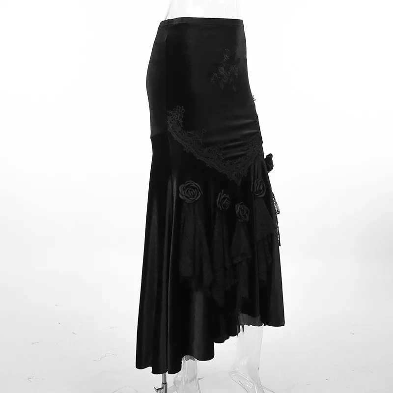 SALIENCY Ghost Girl Black Vintage Gothic Velvet Fishtail Skirt Dark Asymmetrical Skirt Fall Winter Long Dress