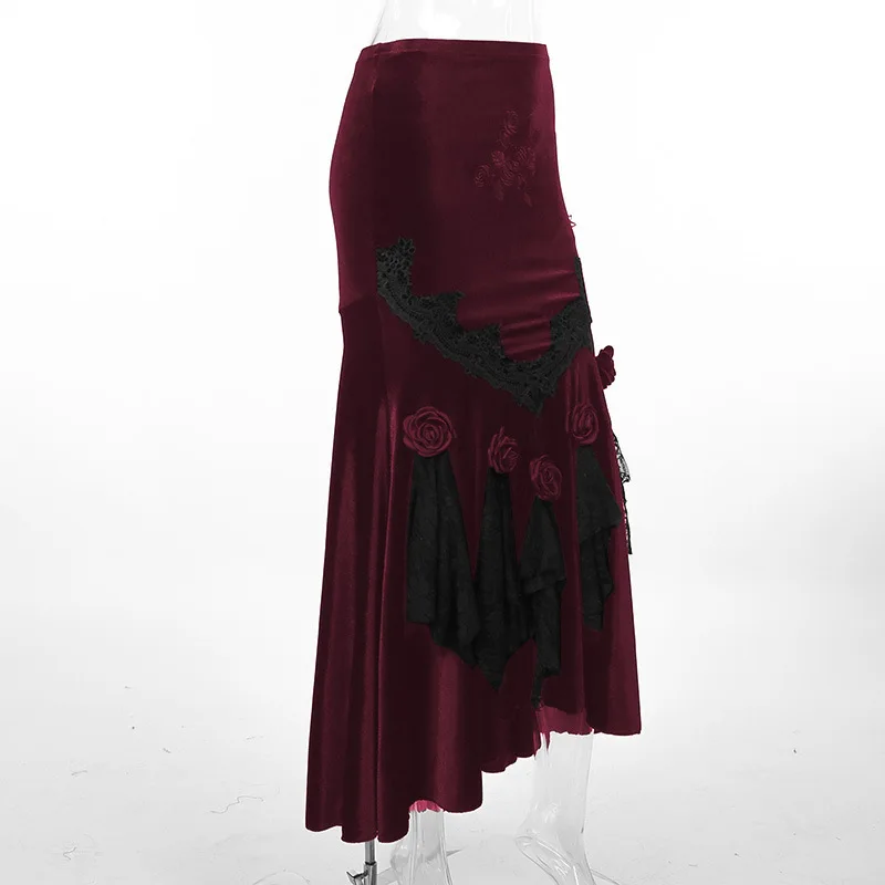 SALIENCY Ghost Girl Black Vintage Gothic Velvet Fishtail Skirt Dark Asymmetrical Skirt Fall Winter Long Dress