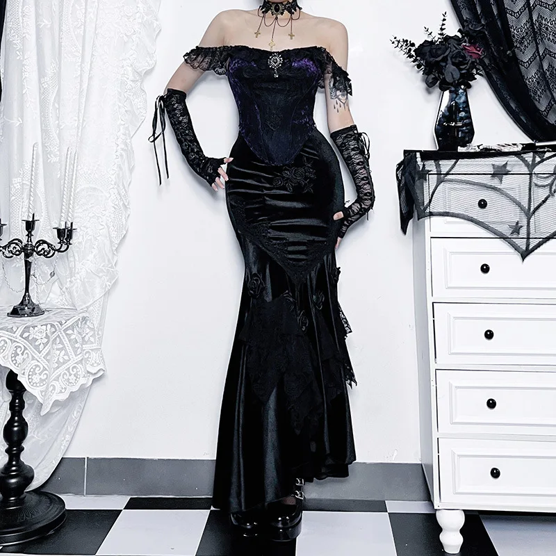 SALIENCY Ghost Girl Black Vintage Gothic Velvet Fishtail Skirt Dark Asymmetrical Skirt Fall Winter Long Dress