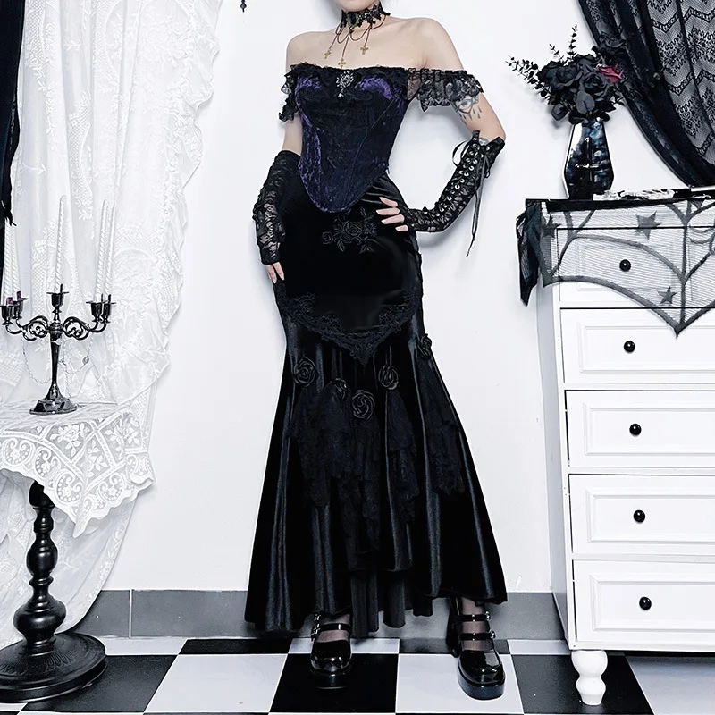 SALIENCY Ghost Girl Black Vintage Gothic Velvet Fishtail Skirt Dark Asymmetrical Skirt Fall Winter Long Dress