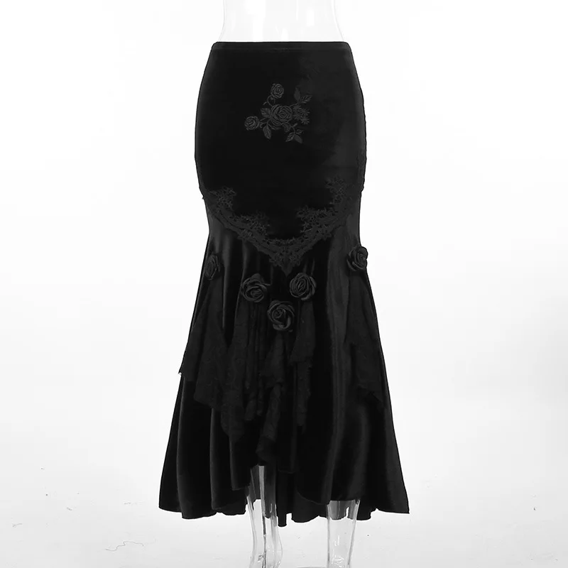 SALIENCY Ghost Girl Black Vintage Gothic Velvet Fishtail Skirt Dark Asymmetrical Skirt Fall Winter Long Dress