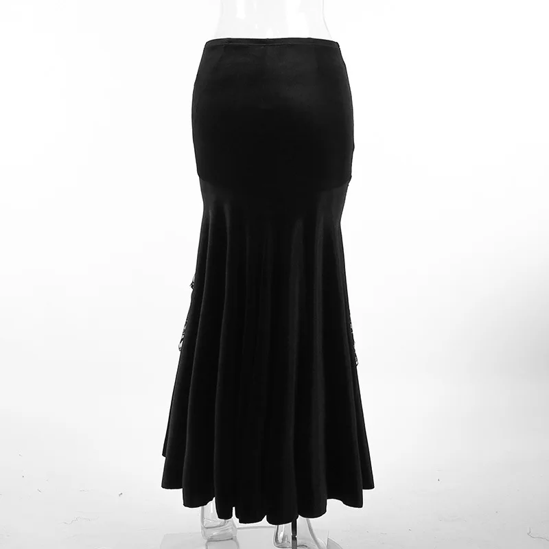 SALIENCY Ghost Girl Black Vintage Gothic Velvet Fishtail Skirt Dark Asymmetrical Skirt Fall Winter Long Dress