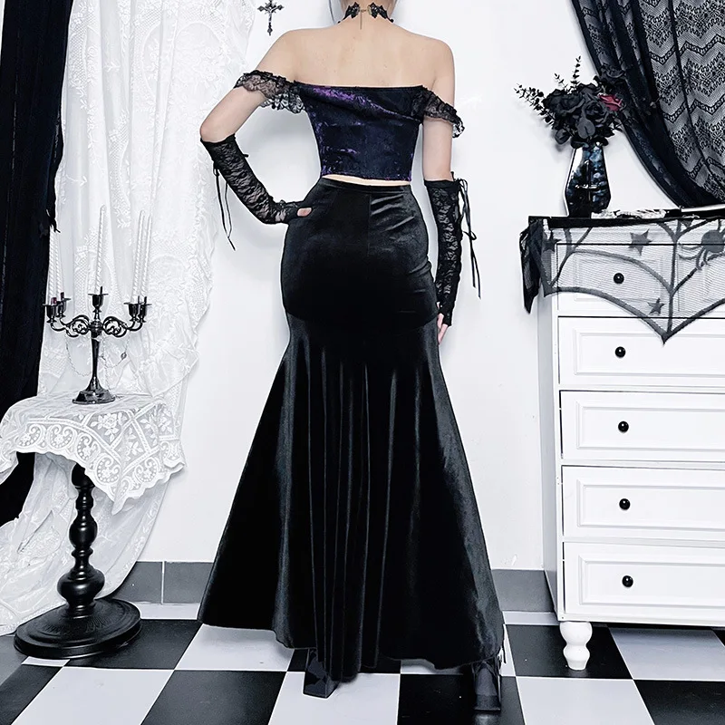 SALIENCY Ghost Girl Black Vintage Gothic Velvet Fishtail Skirt Dark Asymmetrical Skirt Fall Winter Long Dress