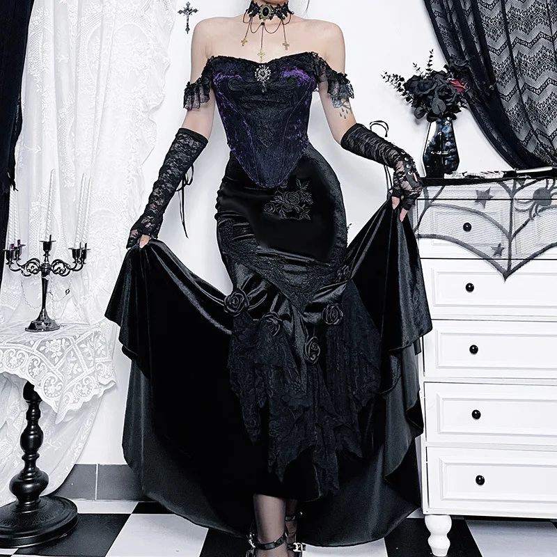 SALIENCY Ghost Girl Black Vintage Gothic Velvet Fishtail Skirt Dark Asymmetrical Skirt Fall Winter Long Dress