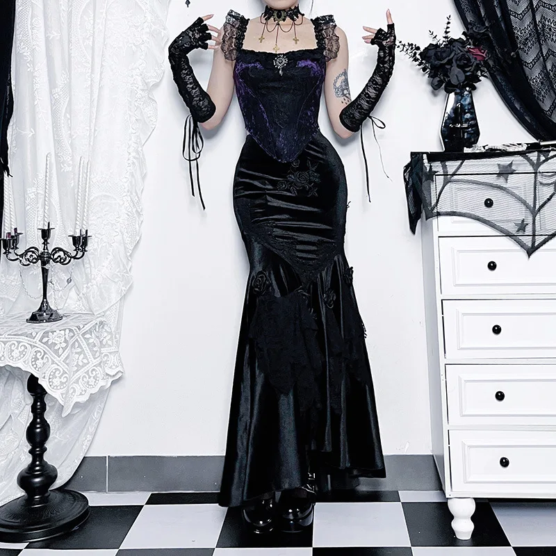 SALIENCY Ghost Girl Black Vintage Gothic Velvet Fishtail Skirt Dark Asymmetrical Skirt Fall Winter Long Dress