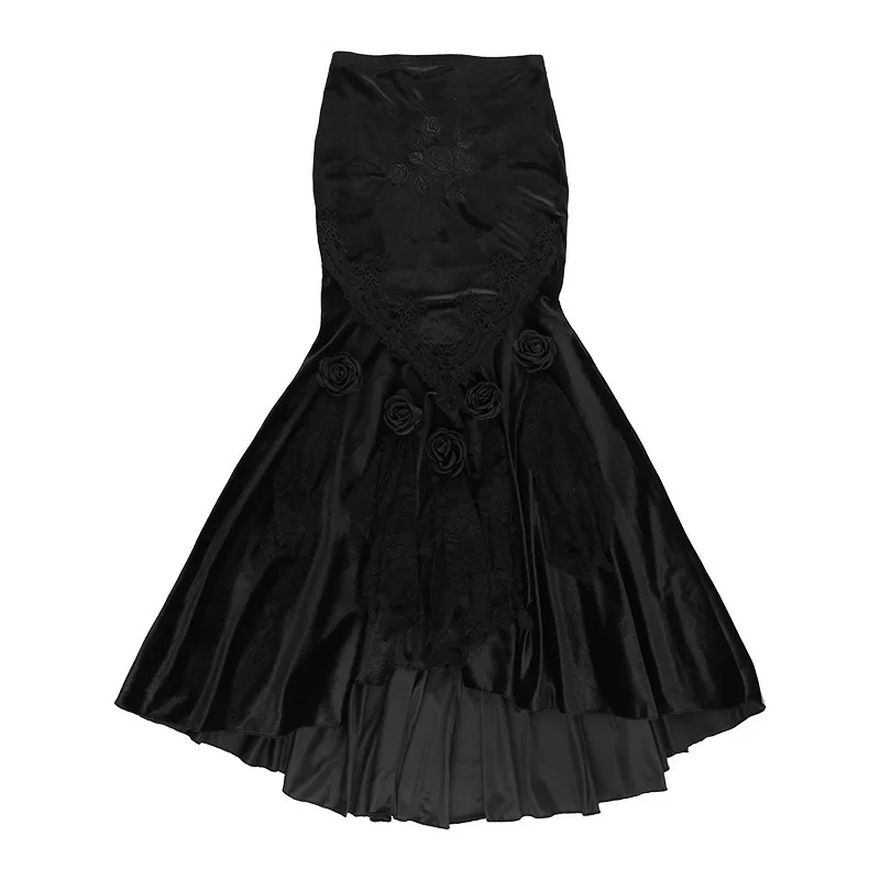 SALIENCY Ghost Girl Black Vintage Gothic Velvet Fishtail Skirt Dark Asymmetrical Skirt Fall Winter Long Dress